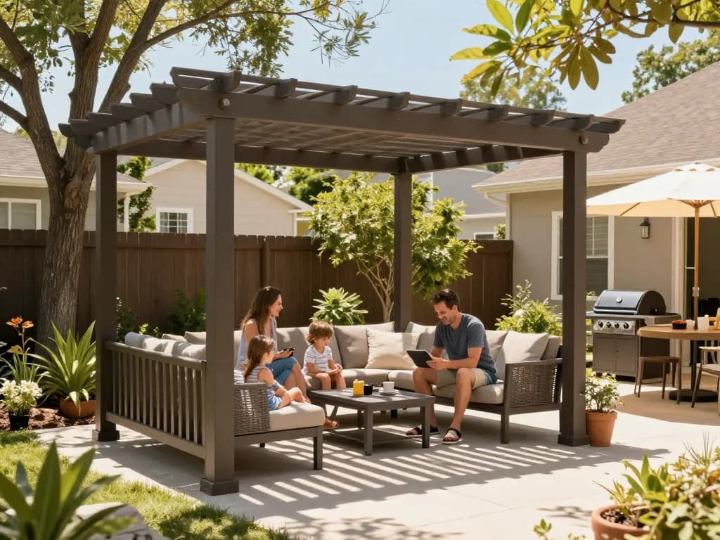 Configura la tua pergola con preventivo in un ambiente familiare e accogliente, con luce solare che illumina il giardino.