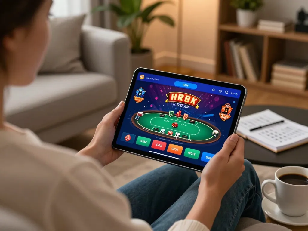 Player engaging with vnloto live casino app on tablet in a cozy home setting.