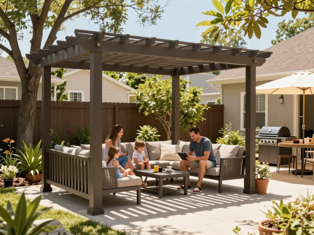 Configura la tua pergola con preventivo in un ambiente familiare e accogliente, con luce solare che illumina il giardino.