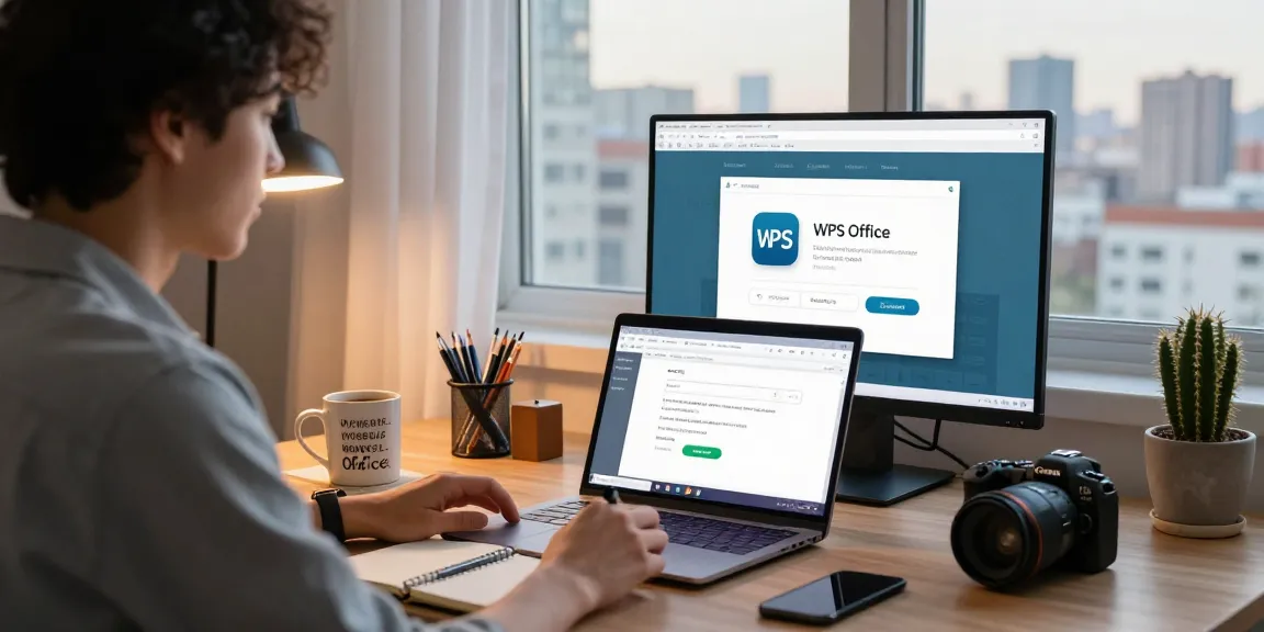 Cheerful individual downloading WPS Download on a laptop in a stylish home office.