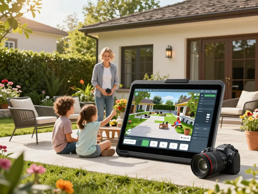 Family using a configuratore 3D outdoor tool to design their perfect garden space.