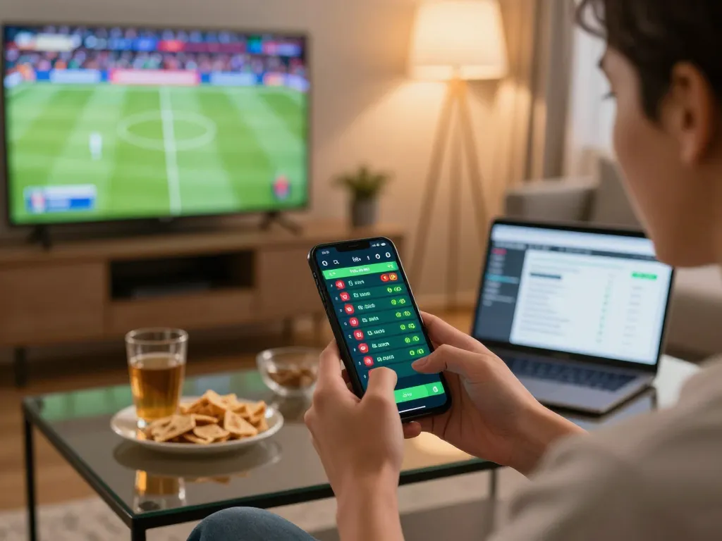 Soi keo nha cai during live sports betting with a smartphone app in an inviting home environment.