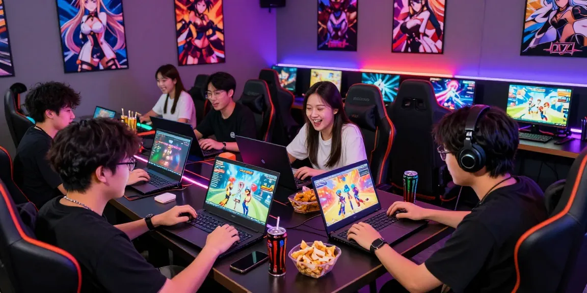 Players engaged in hentai game sessions in a lively gaming lounge setup.