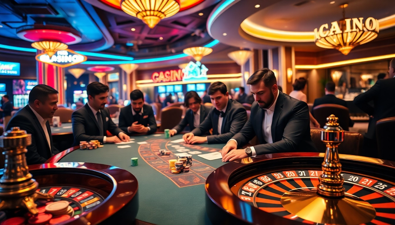 Experience the excitement of gambling at F168 with players enjoying poker, roulette, and vibrant casino scenes.