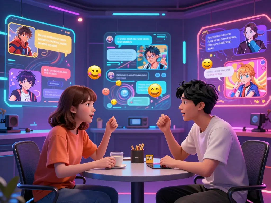 Engaging hentai ai chat interaction with anime avatars in a vibrant, interactive digital room.