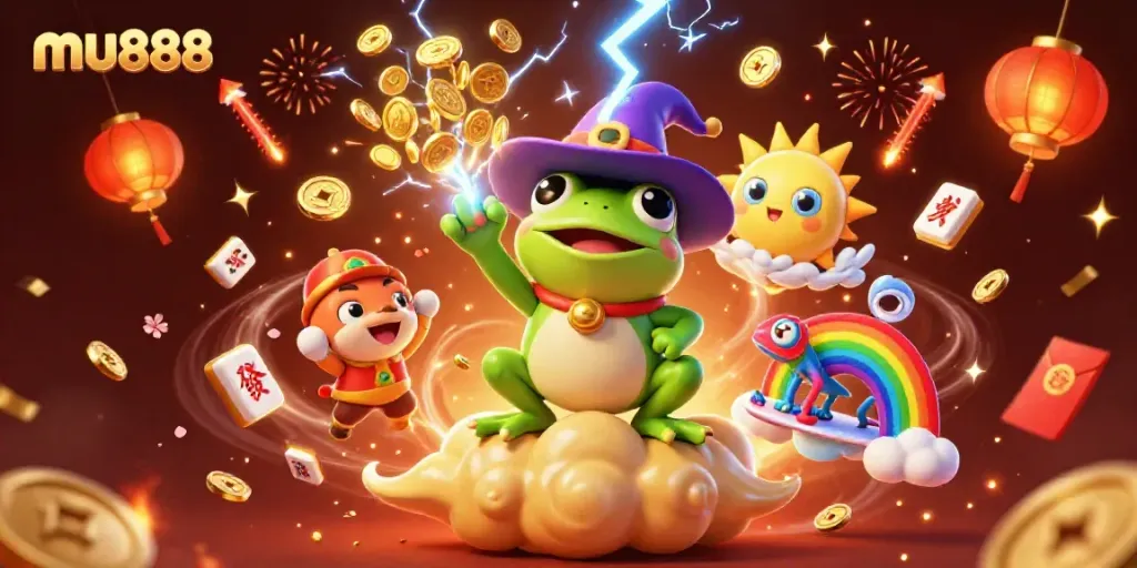 Win big with mu888 as the weather wizard frog unleashes golden coin storms in a magical casino.