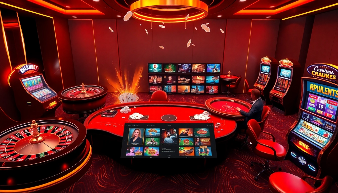 An exciting gambling experience at https://8kbet3.com/ features vibrant poker tables and slot machines in a luxurious casino setting.
