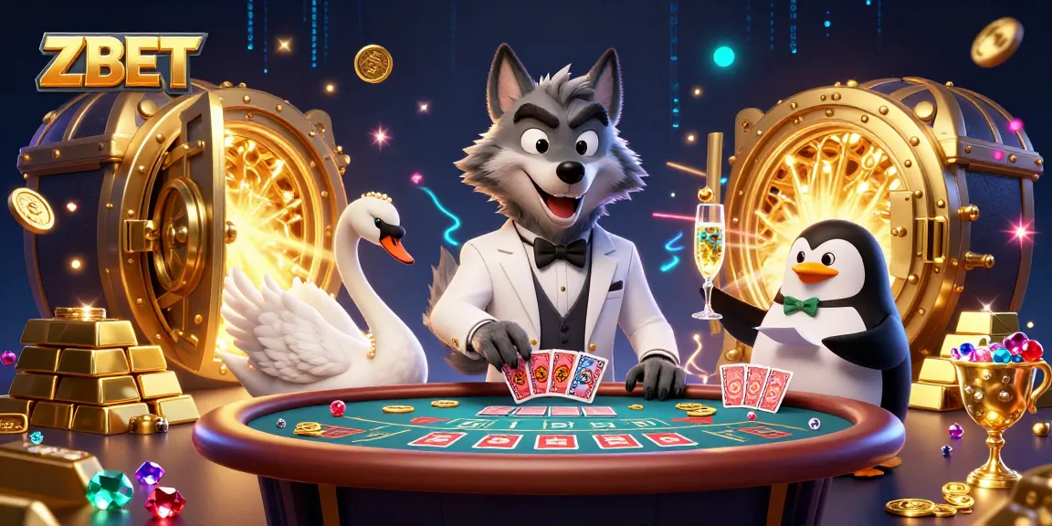 ZBET exclusive baccarat scene with a wolf, swan, and penguin, featuring gold treasures and rich visuals
