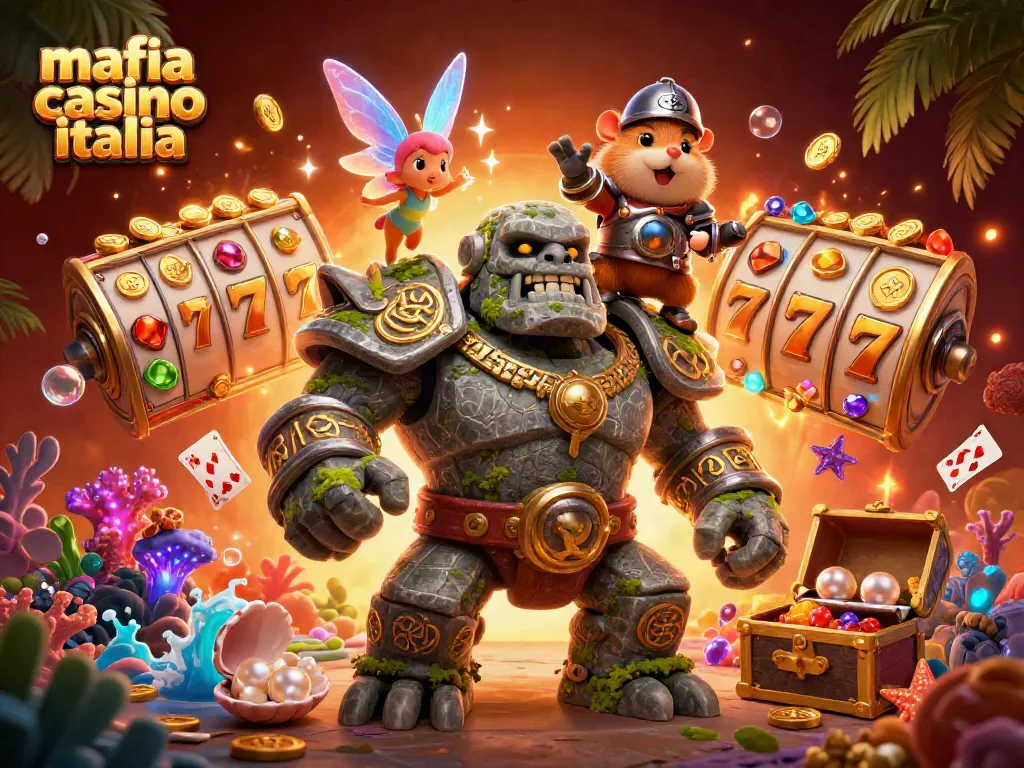 Mafia casino italia showcases an exciting scene with a golem, fairy, and hamster knight surrounded by slot elements.