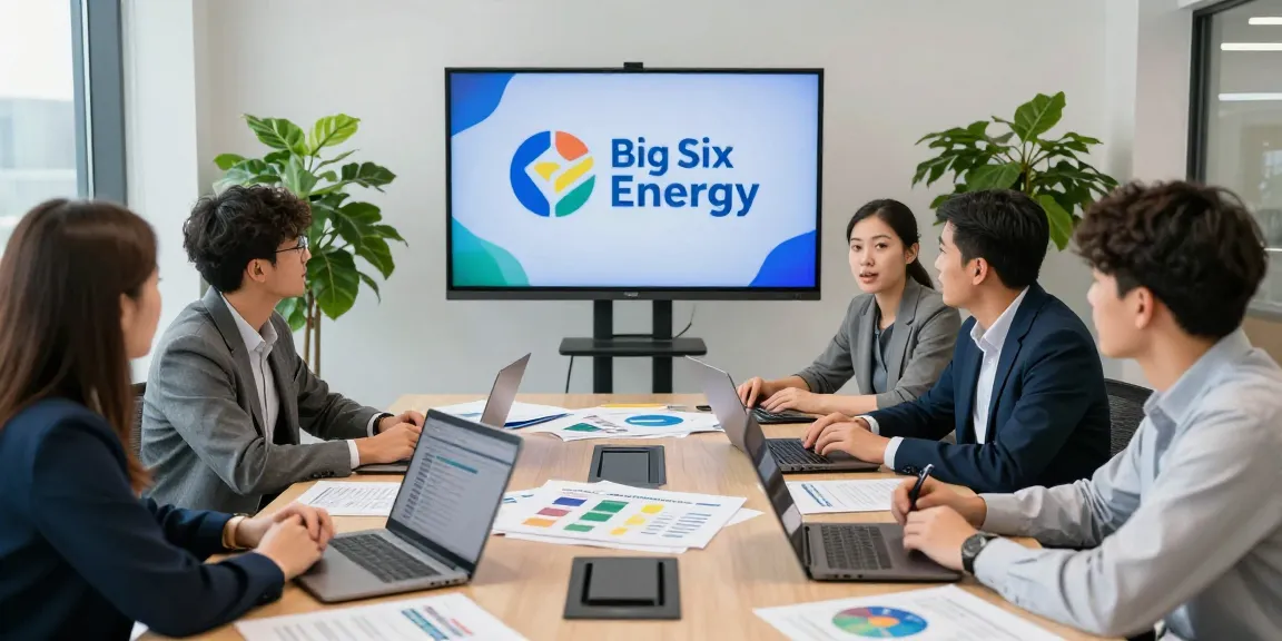 Business team discussing big six energy suppliers in a modern office.