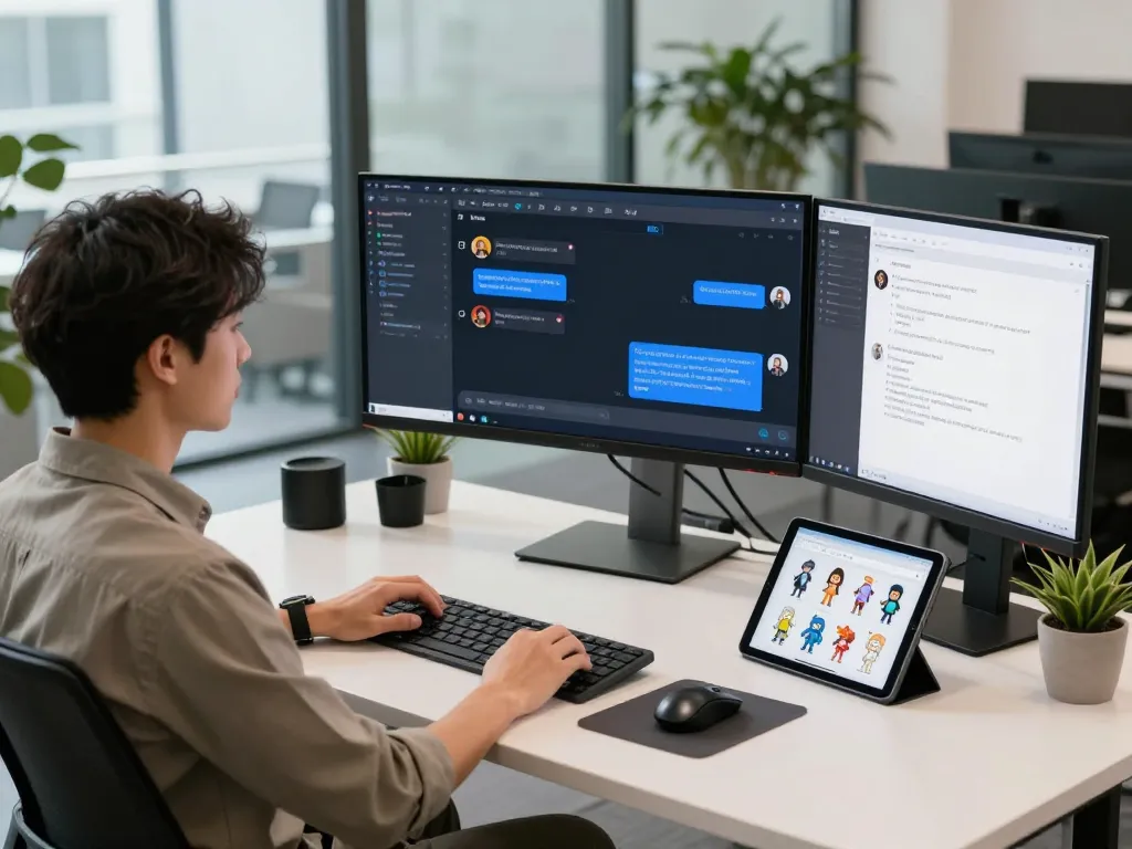 Engaging CrushOn AI chat interface displayed on multiple monitors in a modern tech workspace.