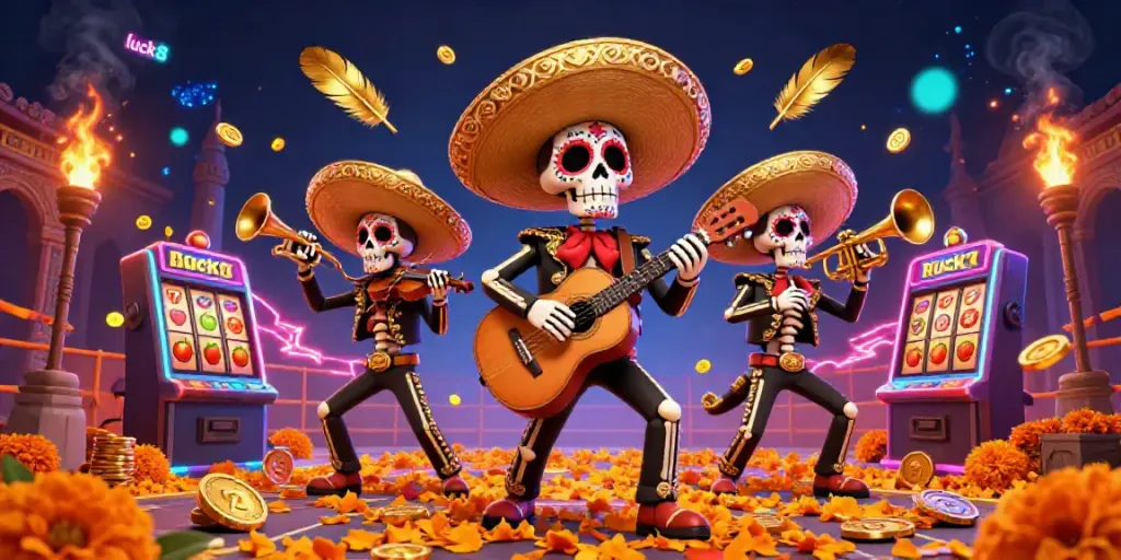 Engage with luck8's vibrant online casino featuring a colorful Day of the Dead skeleton mariachi band amidst rich gambling elements.