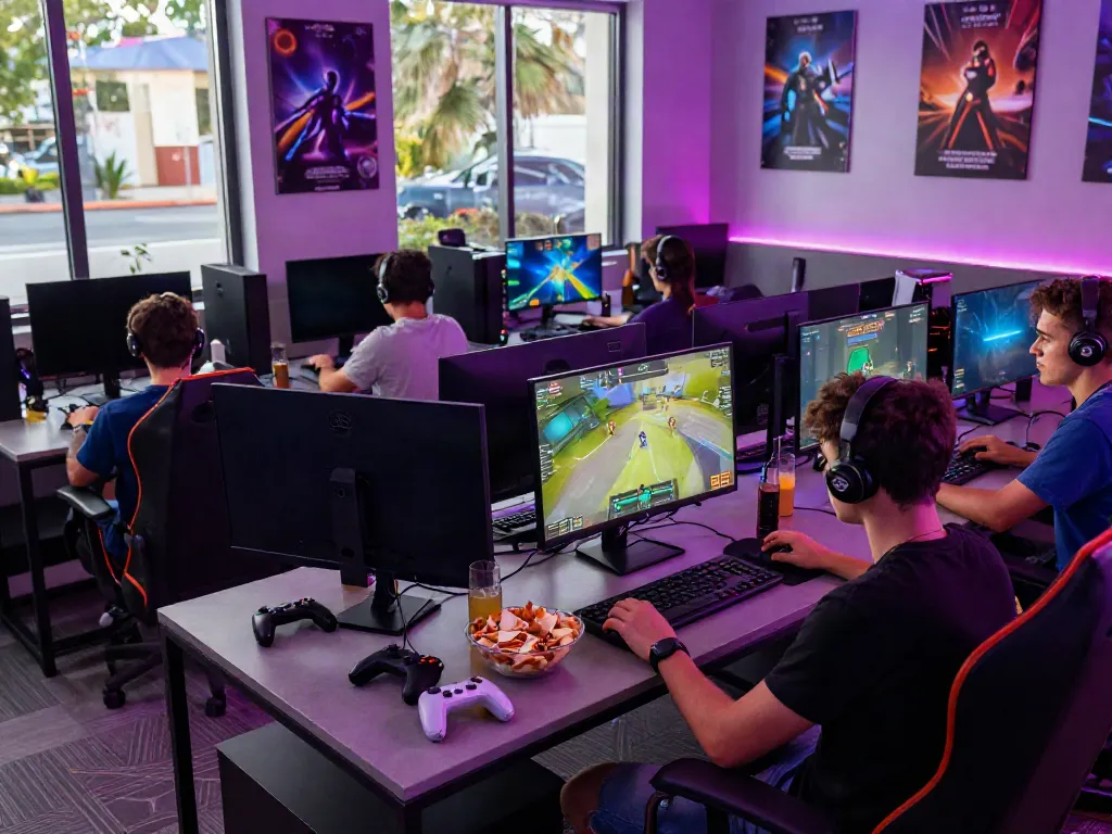 Engaging gaming lounge showcasing friends enjoying rokok88 apk on multiple screens.