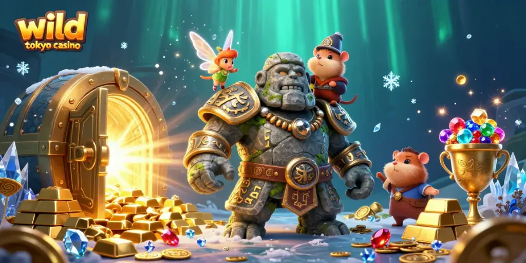 Experience excitement at wild tokyo casino with enchanting characters guarding treasures in a magical scene.