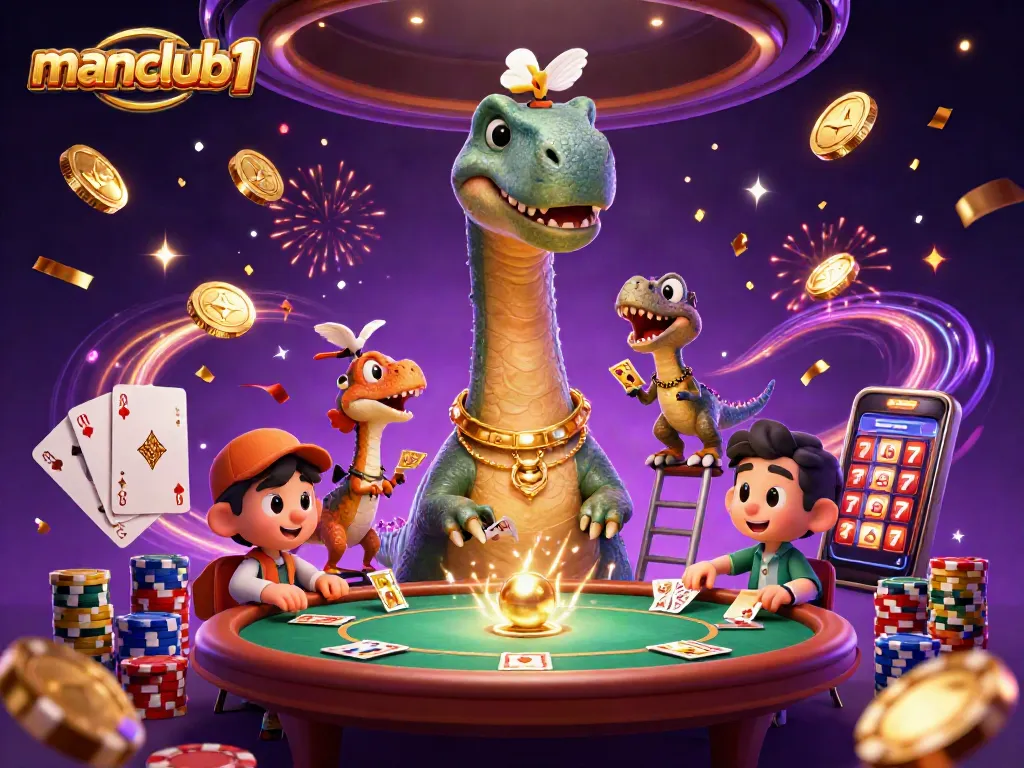 Experience excitement at manclub1 with a dynamic casino scene featuring a towering brontosaurus and raptor dealer.
