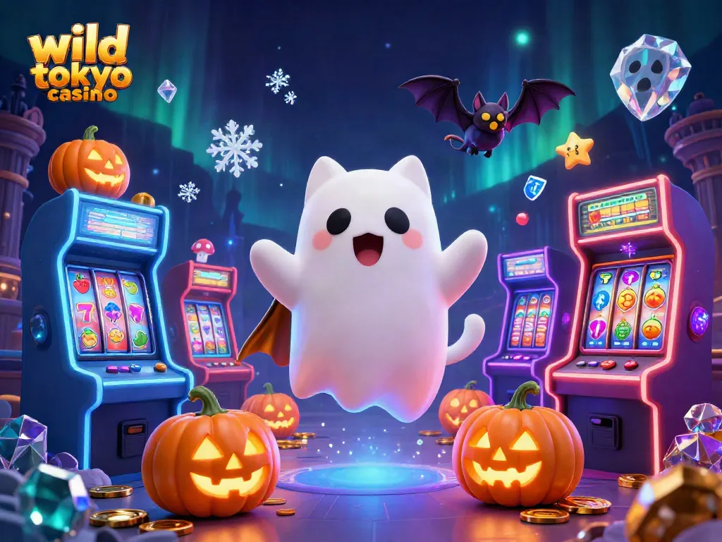 Engage with wild tokyo casino using this dynamic illustration of a ghost cat and bat amidst haunted gaming elements.