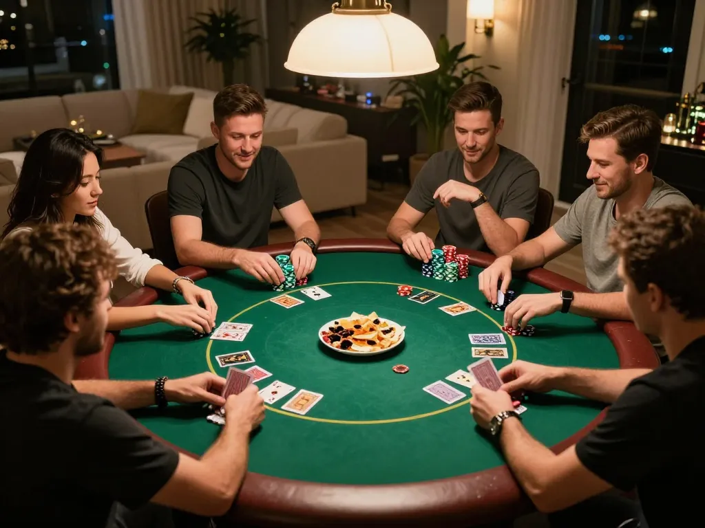 Teman-teman menikmati poker di rumah, menunjukkan suasana permainan gg999 dengan kartu dan chip di meja