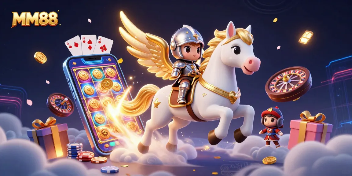 Experience exciting gaming at MM88 with a dynamic scene of a knight riding a celestial horse amidst vibrant casino elements.