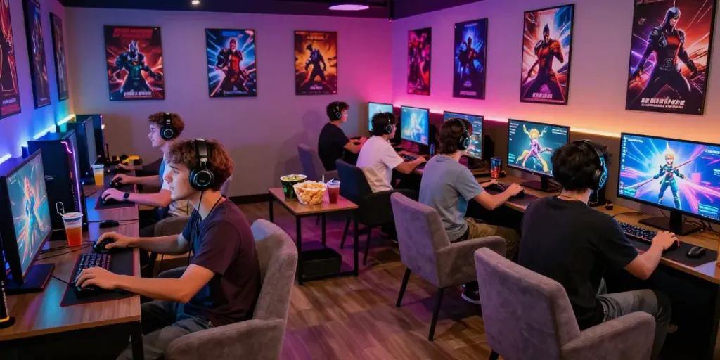 Group enjoying rokok88 gaming at a modern game store with colorful LED lights