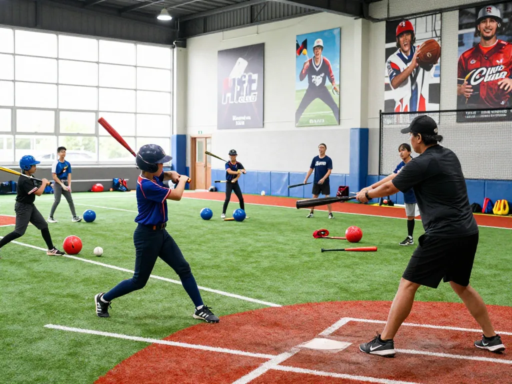 Hitclub baseball training scene with young athletes practicing hitting techniques and receiving coaching.