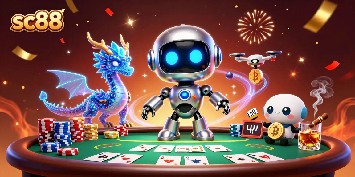 Experience sc88 casino excitement with a vibrant 3D cyberpunk scene full of poker action and digital creativity.