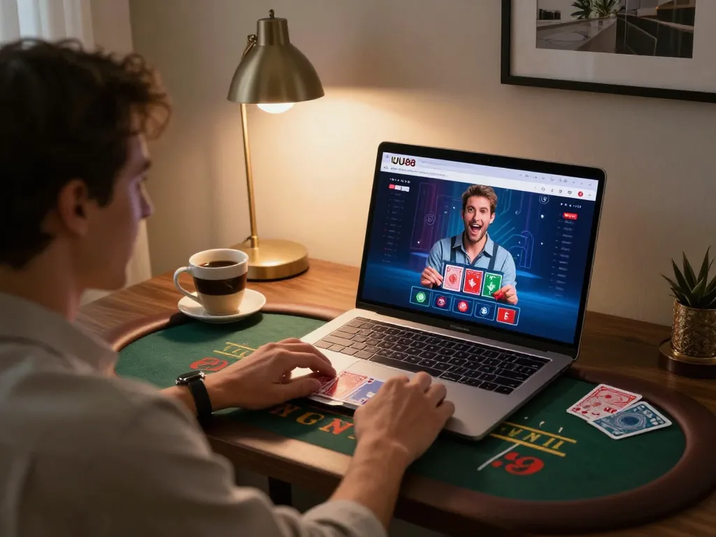 Engaged player enjoying live dealer blackjack on UU88 com from a stylish home setup, showcasing modern gaming atmosphere.