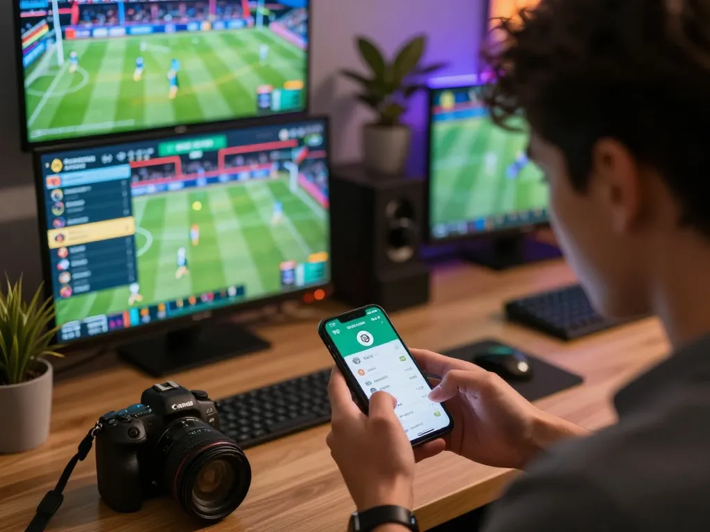 Engaging scene showcasing soi kèo nhà cái betting app on a smartphone during intense sports match analysis.