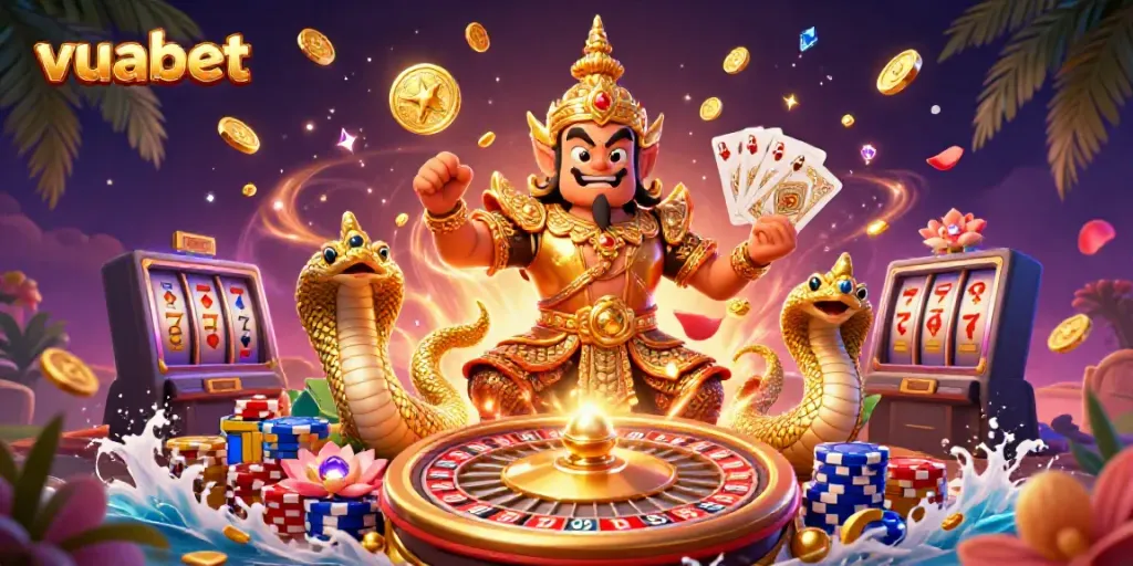 Experience the thrill with vuabet in this vibrant, dynamic 3D casino scene.