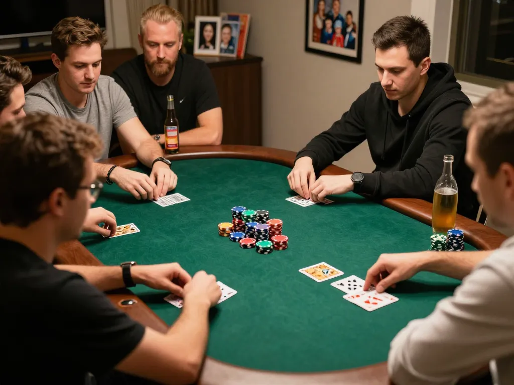 Players engaging in a high-stakes poker game at a stylish home with VSBET-themed decor.