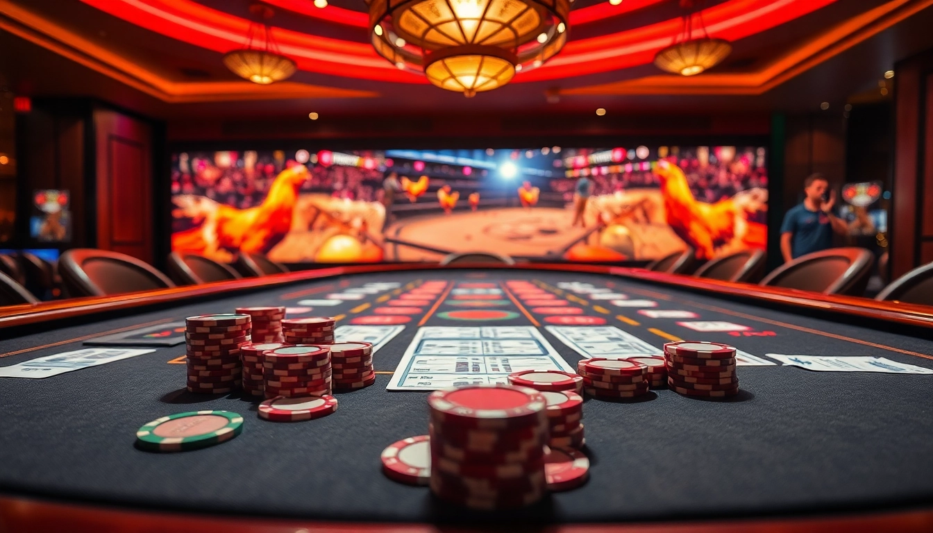Experience the thrill of đá gà trực tiếp casino with vibrant betting elements, showcasing live-streamed matches and excitement.