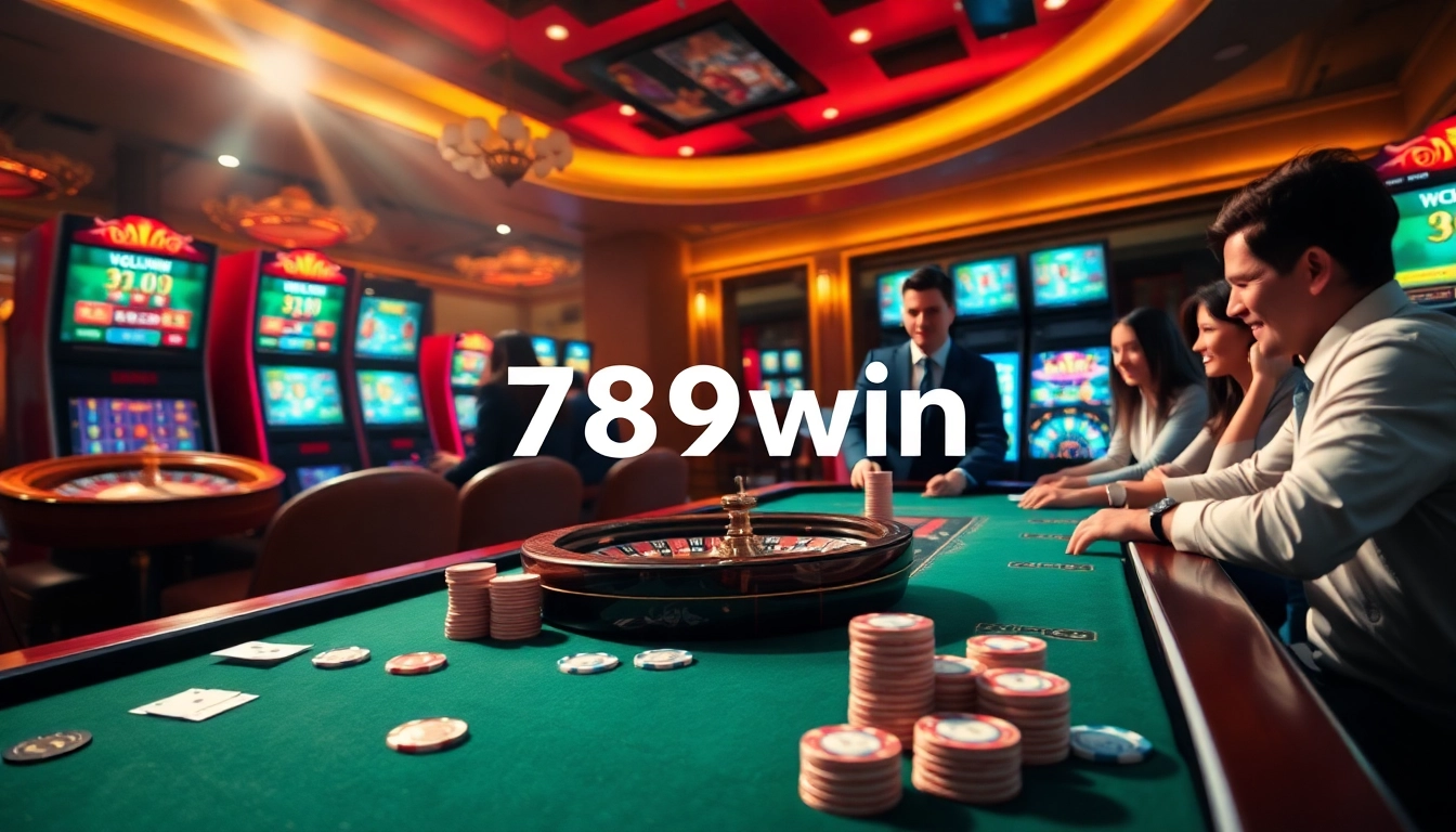 Players enjoying a dynamic casino experience at 789win with poker chips and roulette wheel.