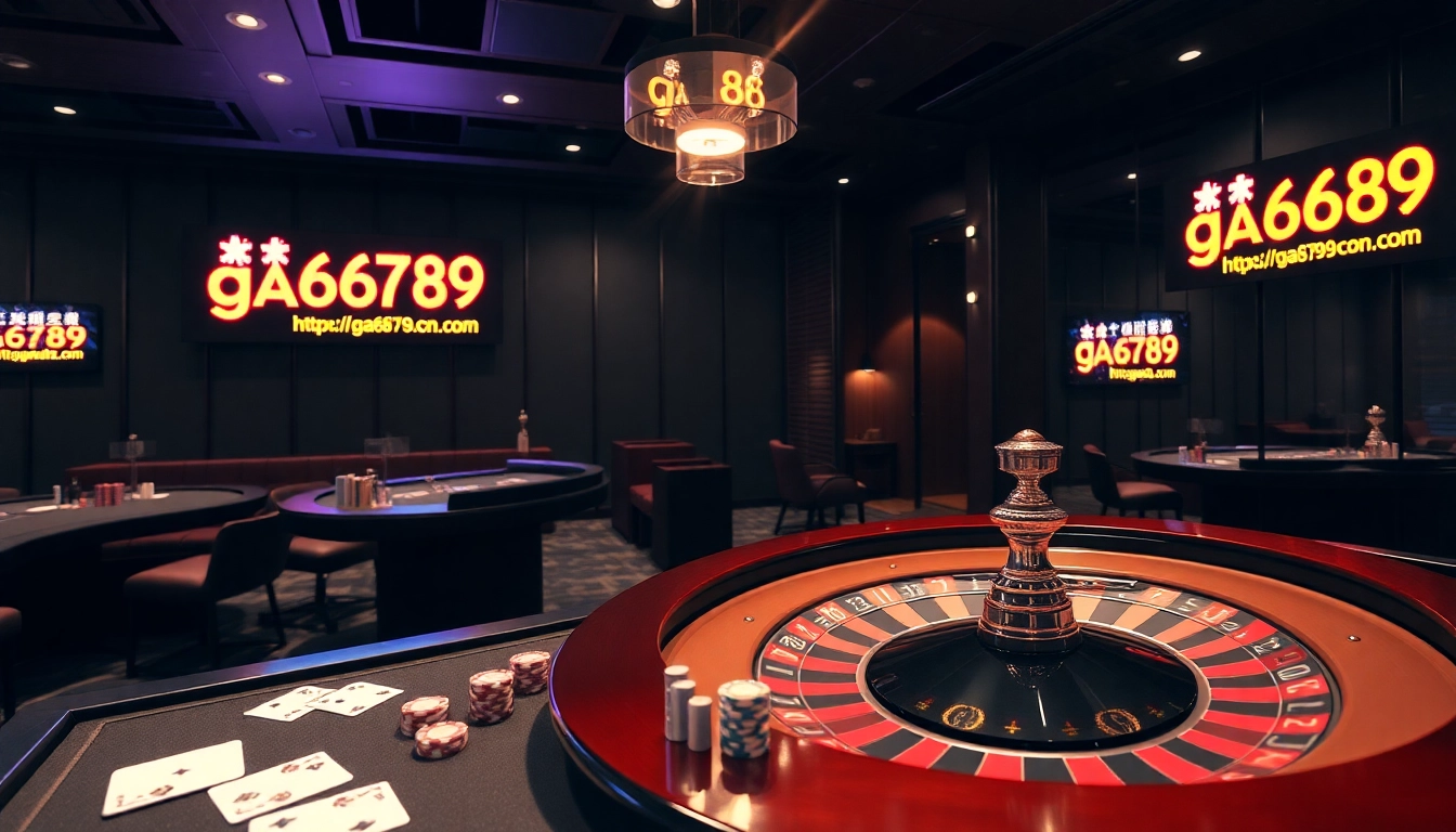 Engage with thrilling gambling action at https://ga6789.cn.com featuring poker chips and a roulette table.