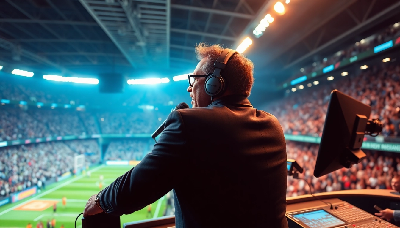 Exciting sports broadcasting scene with a passionate announcer engaging the animated audience.