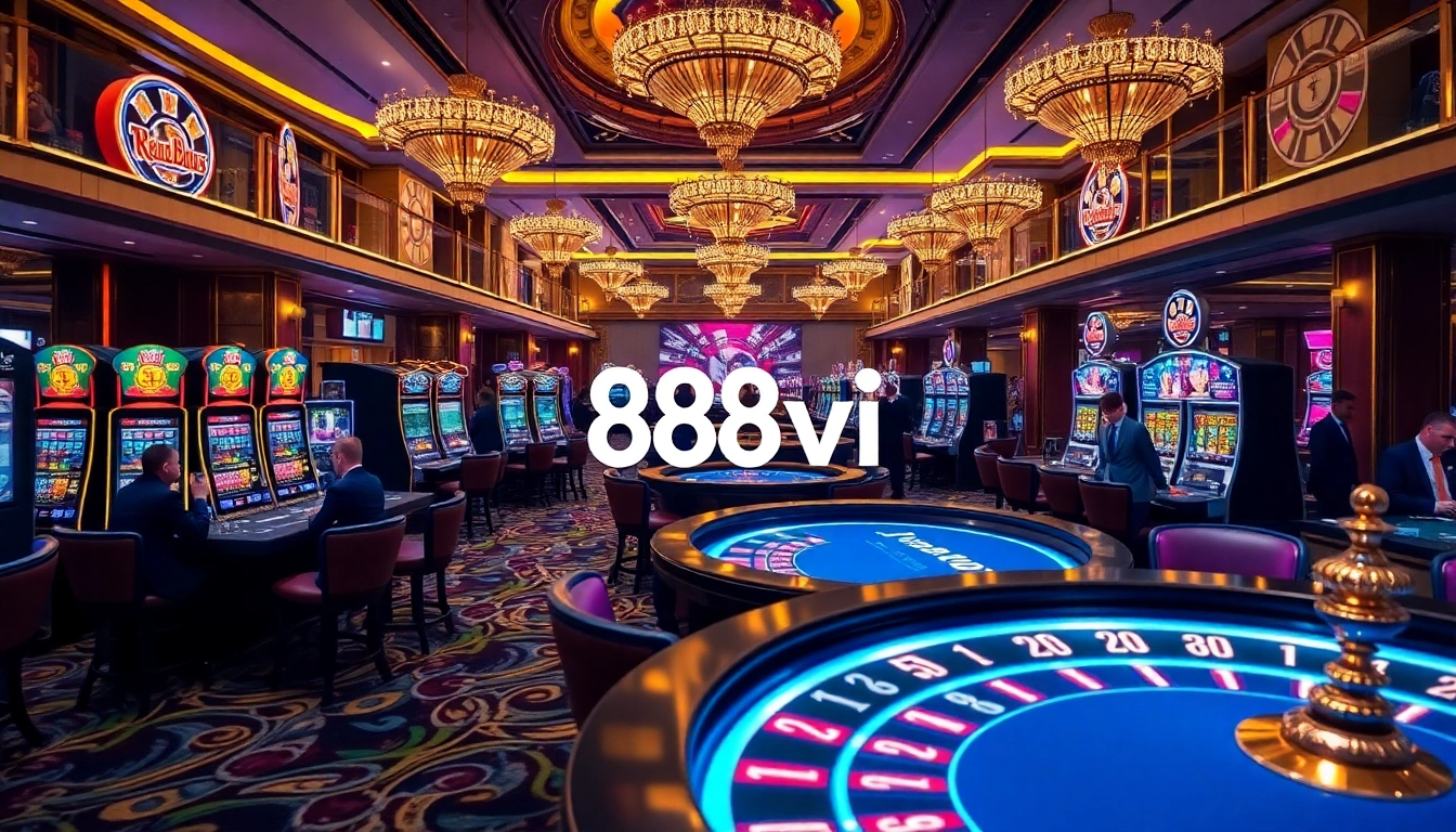 Engaging players enjoying high-stakes gaming at 888vi casino, showcasing vibrant tables and slot machines.
