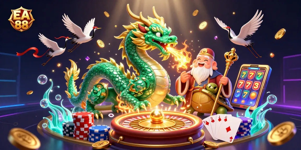 Experience EA 88's thrilling casino adventure with a jade dragon, turtles, and vibrant game elements.