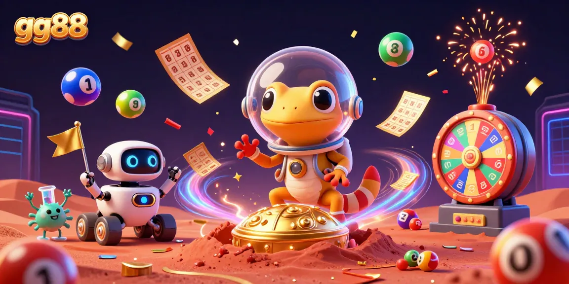 gg88 Martian gecko finds a hidden casino, surrounded by colorful lottery balls and celebration