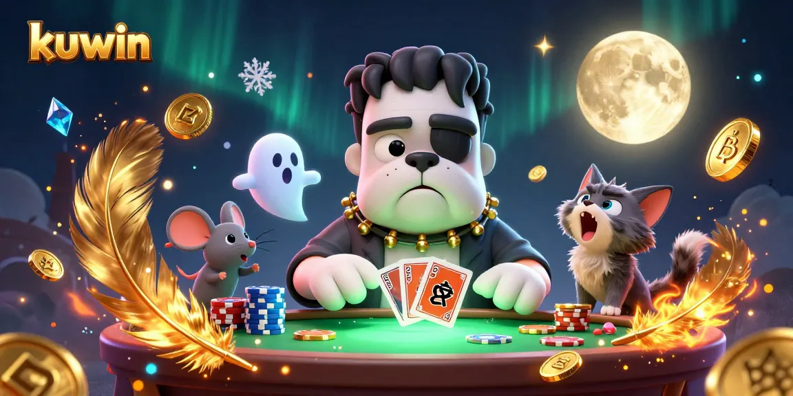 Kuwin bets at a vibrant casino with a Frankenstein bulldog dealer and floating ghost mouse, enhancing the gaming experience.