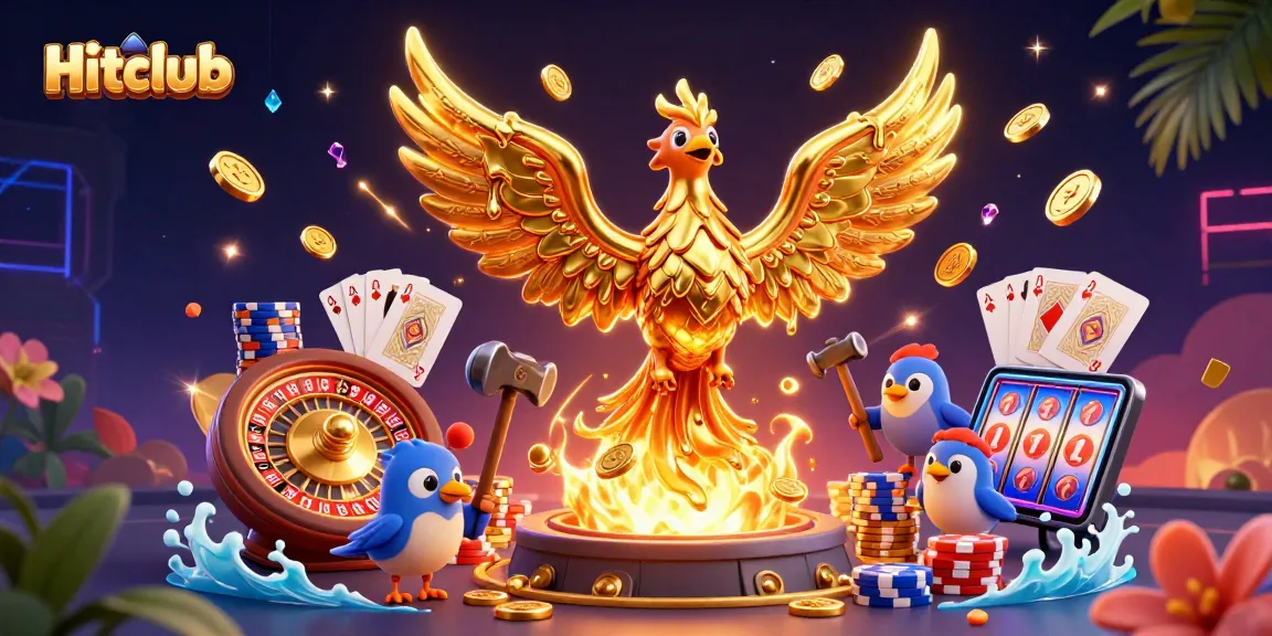 Players enjoy vibrant games at Hitclub Casino with golden phoenix and dynamic casino elements.