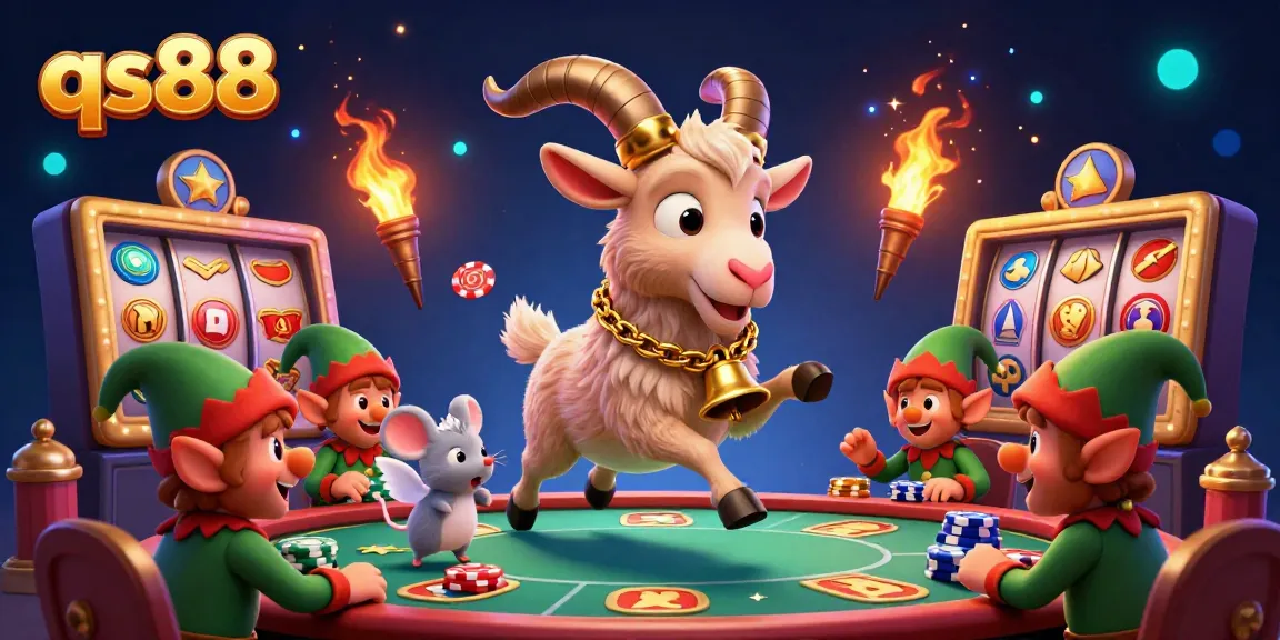 Engage with qs88 as a festive Krampus goat leads a chaotic casino scene filled with exciting poker action and playful chaos.