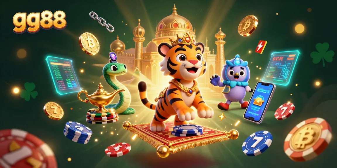 Spin the reels at gg88 with a vibrant cartoon scene featuring a tiger sultan and rich slot elements.