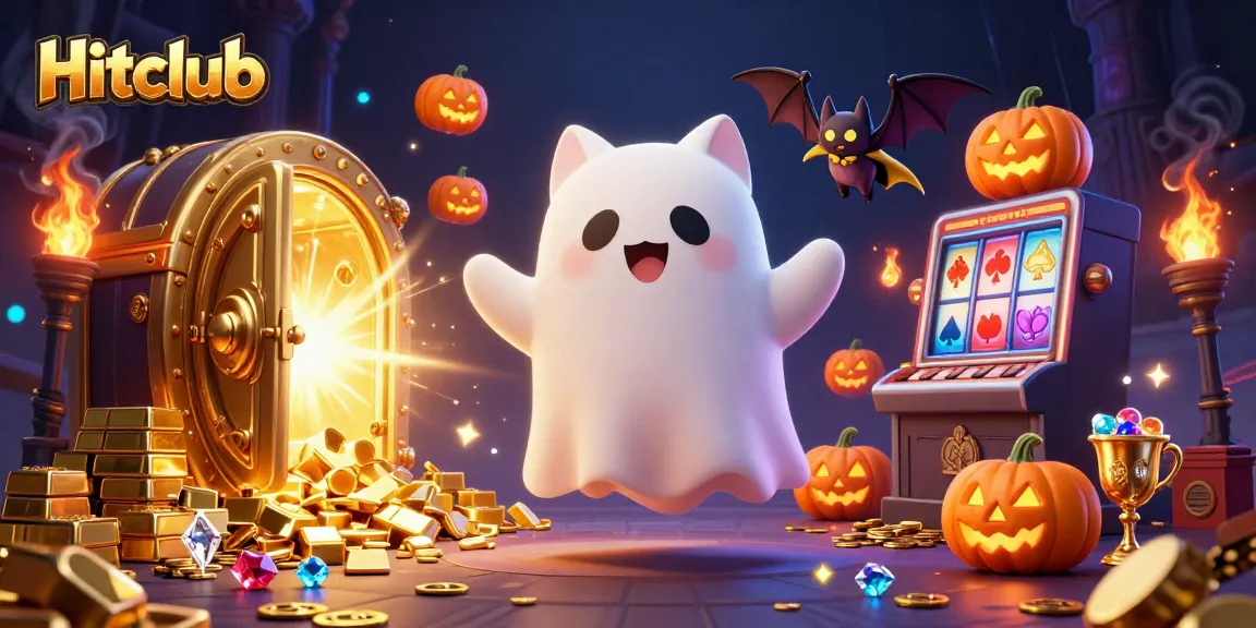 Hitclub's ghost cat and vampire bat win big in a haunted casino scene filled with treasures.