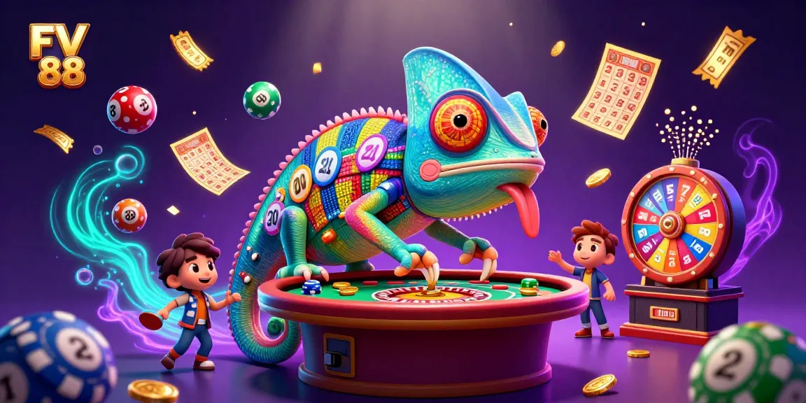 Engage with the vibrant world of FV 88, featuring a colorful chameleon casino owner and dynamic gambling elements.