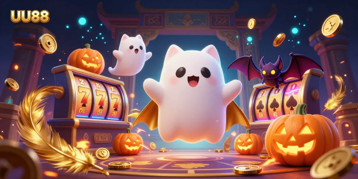 Engage with thrilling gaming elements at UU88 featuring a dynamic cartoon ghost cat in a casino.