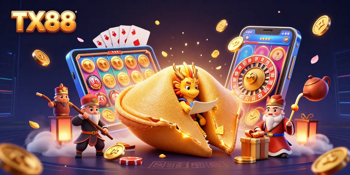 Win big at TX88 with an engaging 3D casino-themed illustration featuring unique characters and vibrant game elements.