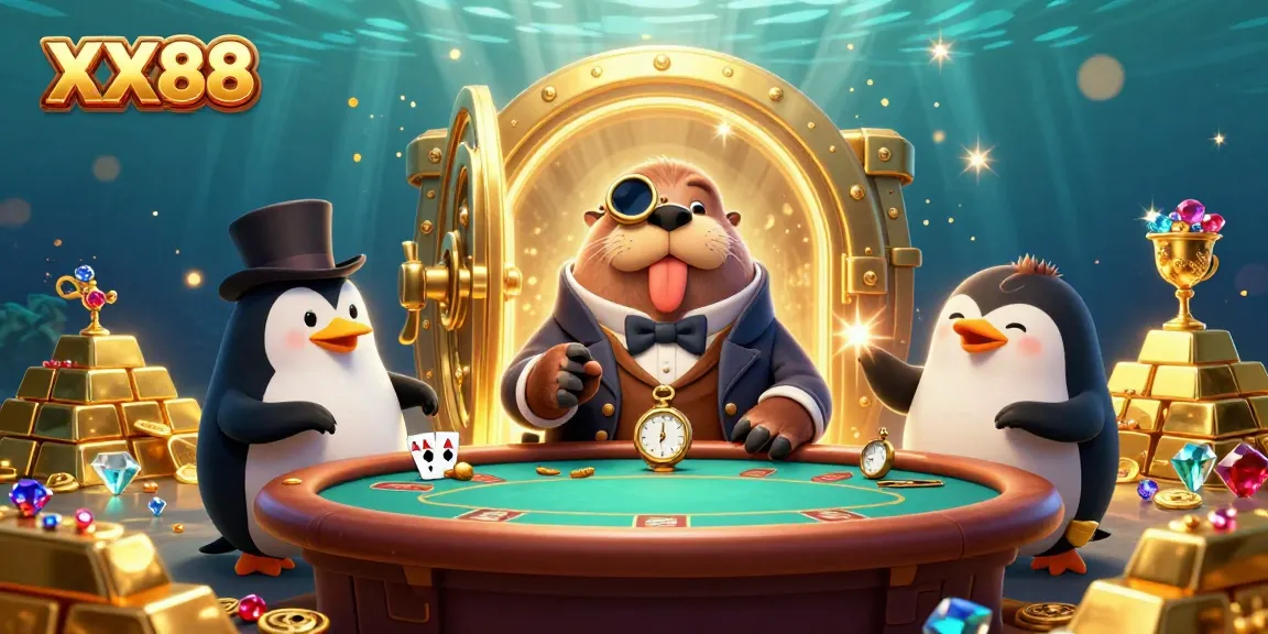Experience exciting games at XX88 with a jolly walrus and friends at an underwater poker table.