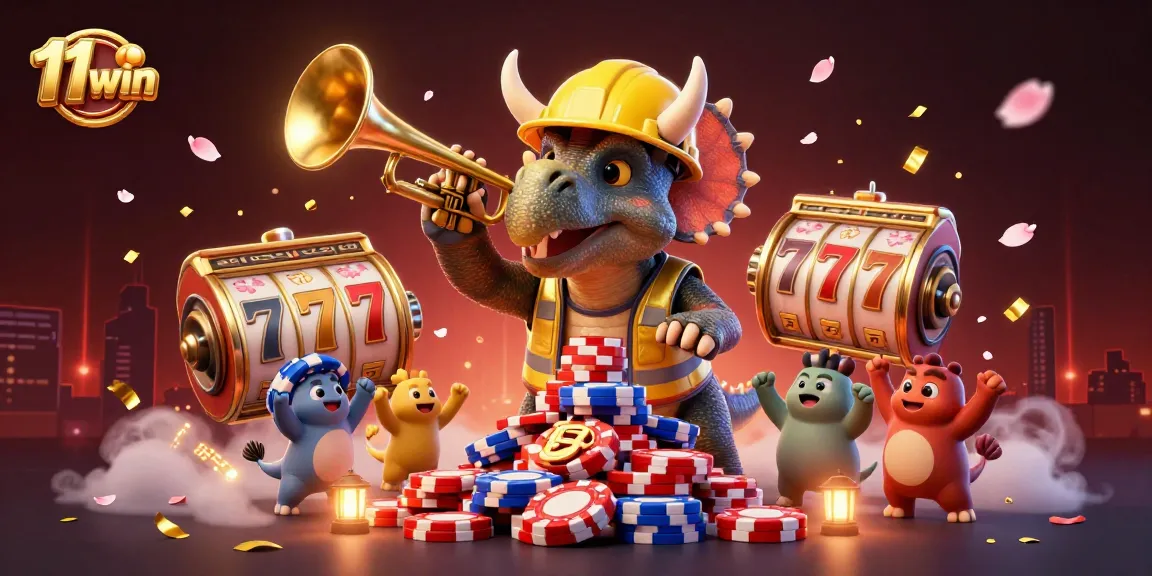 11 win celebrates with a triceratops, slot reels, and festive atmosphere in vibrant casino illustration.