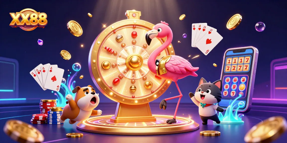 Engage with XX88's exciting casino games in a dynamic scene featuring a vibrant prize wheel and thrilling gameplay.