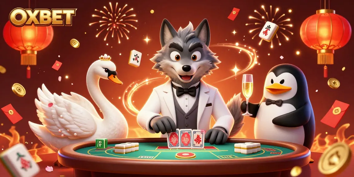 Experience OXBET's thrilling baccarat scene with a debonair wolf, elegant swan, and sophisticated penguin.