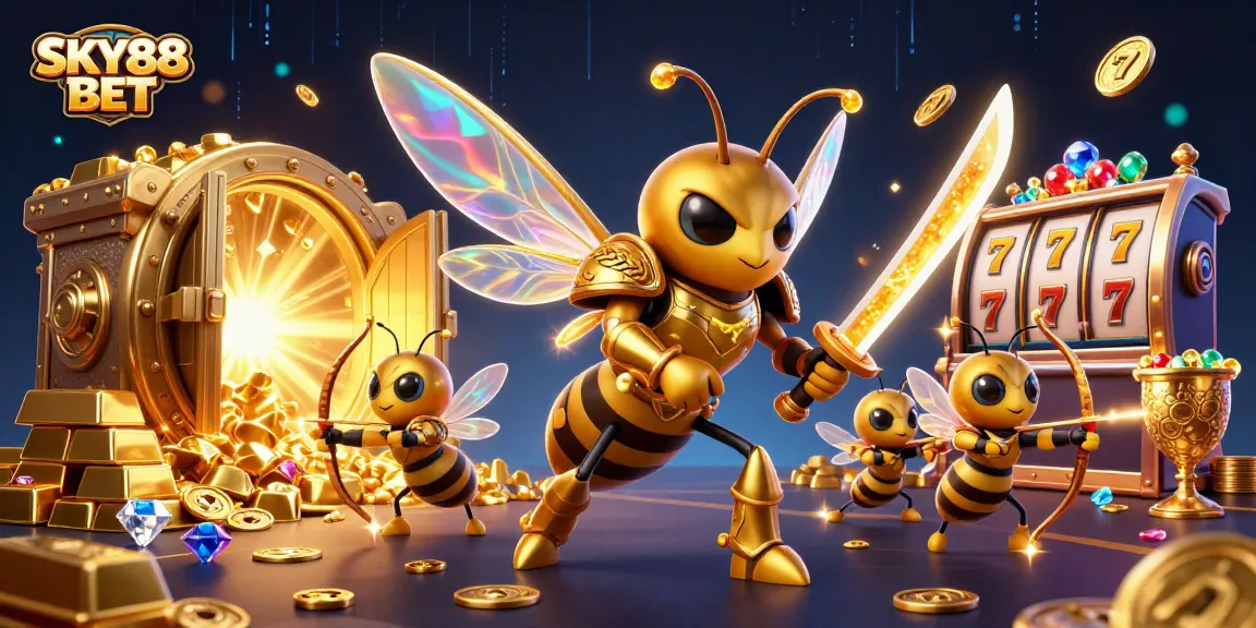 Engage with SKY88 BET in this vibrant casino-themed illustration featuring a golden hornet samurai and bee archers.
