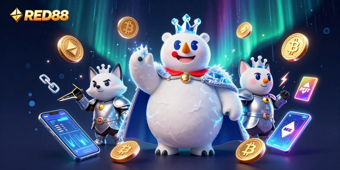 Bet on exciting games with RED88 featuring a polar bear and snow fox amidst vibrant crypto elements.
